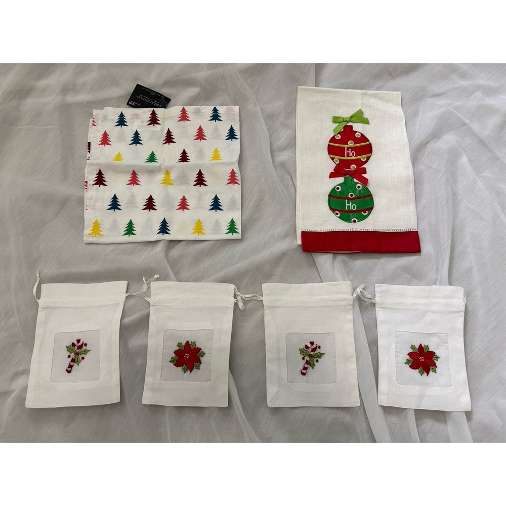 Lot of 6 NEW Christmas Linens Towels Gift Bags Embroidered Trees Poinsetta